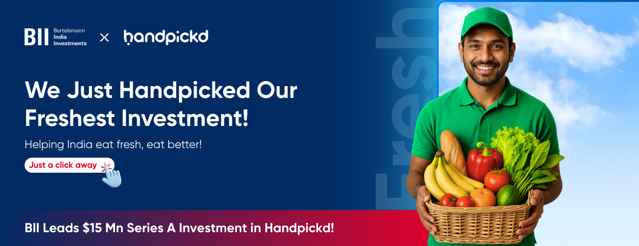 BII x Handpickd announcement banner with delivery worker holding basket of fresh produce; BII leads $15M Series A round.