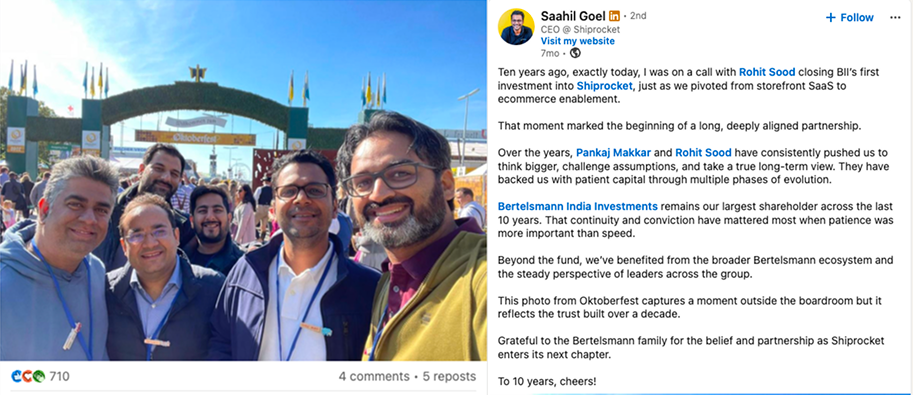 Saahil Goel&rsquo;s LinkedIn post marking ten years with Bertelsmann India Investments
